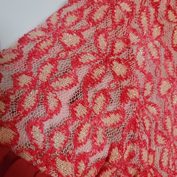 NWT Umgee Semi Sheer Ruffle Trim Tunic Top Sparkly Floral Mesh Anthropologie LG - Picture 5 of 15